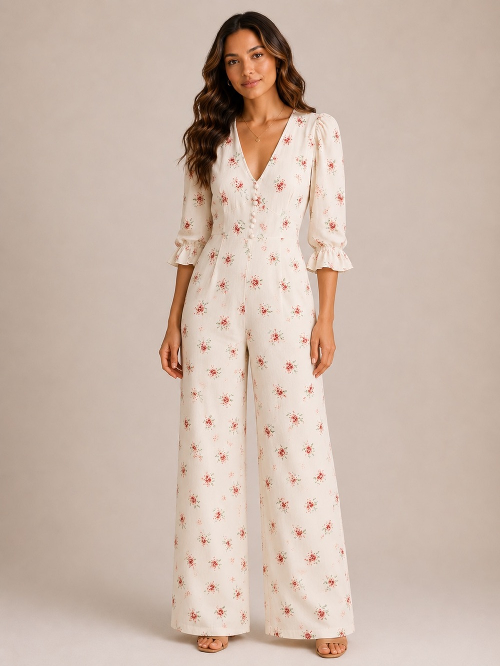 Floral V-Neck Wide-Leg Jumpsuit in Cream